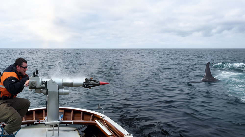 A man in a small boat aiming a harpoon at a Orca